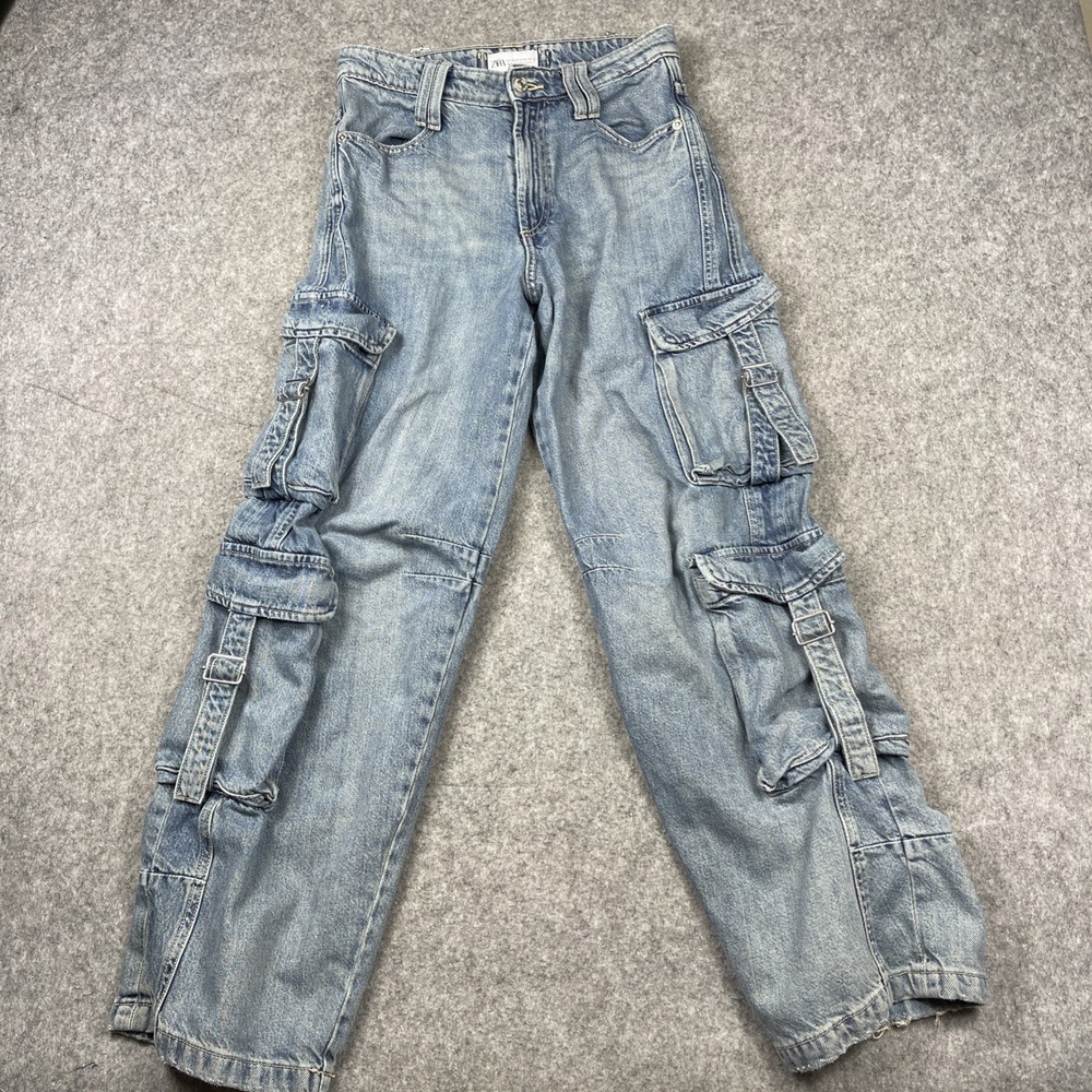 Zara‎ Wide Leg Baggy Cargo Jeans Womens 4 Blue Denim Barrel Buckle Grunge Y2K